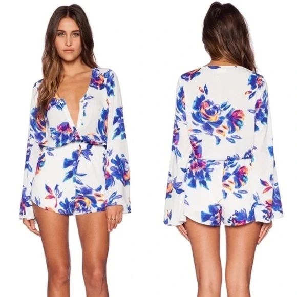Show Me Your MuMu Pants - Show Me Your MuMu Red Rocks Romper in Petal Paint - White and Blue - Size S